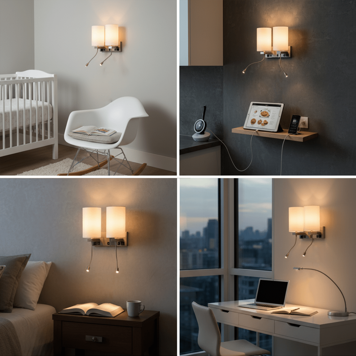 Double Head Acrylic Wall Sconce, Brushed Nickel Finish, With LED 2*1W, 1 USB, 2 Switches & 2 outlet, Bedside Wall Lights with Reading Lamp, for Bedroom Living Room Hotels - LEDMyPlace