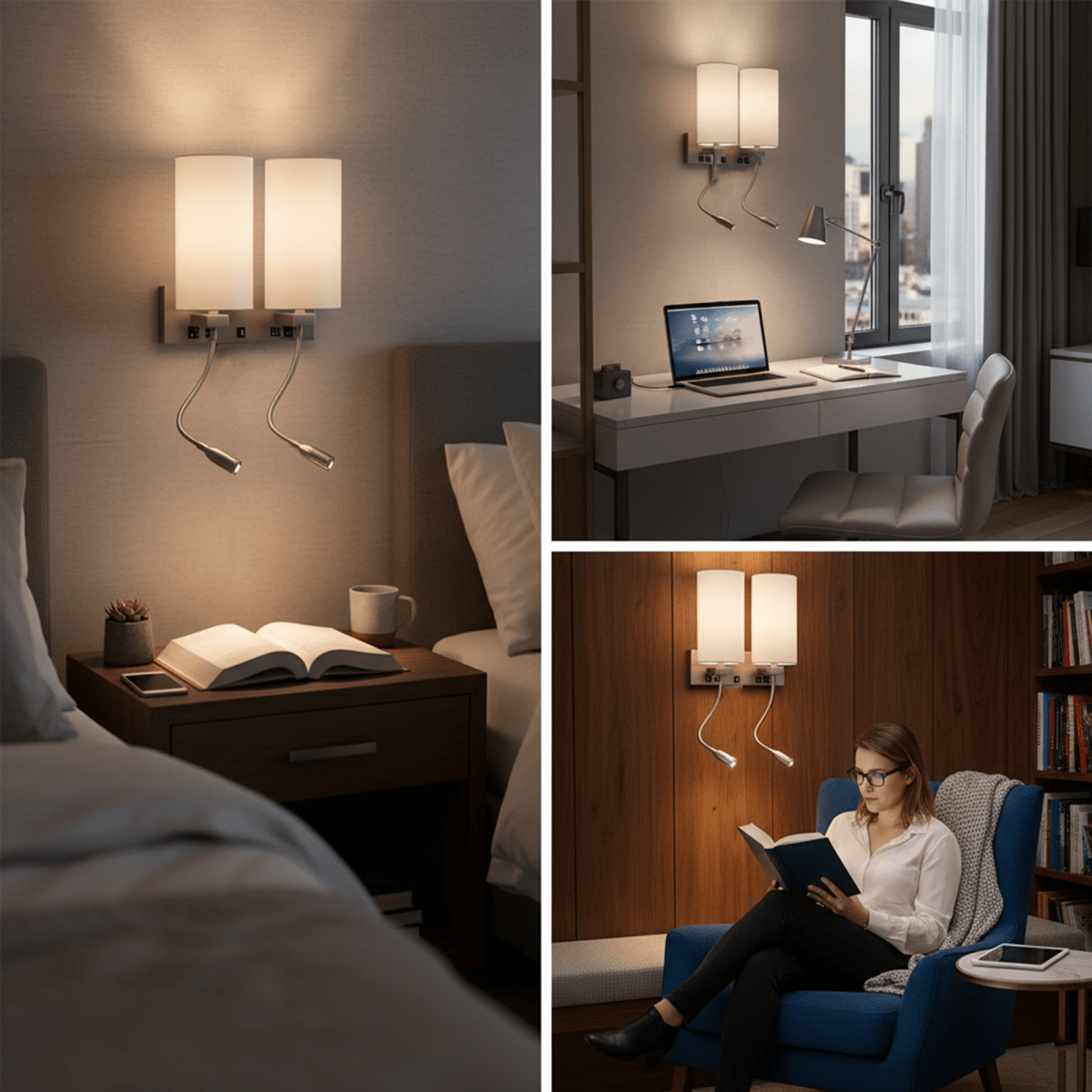 Double Head Acrylic Wall Sconce, Brushed Nickel Finish, With LED 2*1W, 1 USB, 2 Switches & 2 outlet, Bedside Wall Lights with Reading Lamp, for Bedroom Living Room Hotels - LEDMyPlace