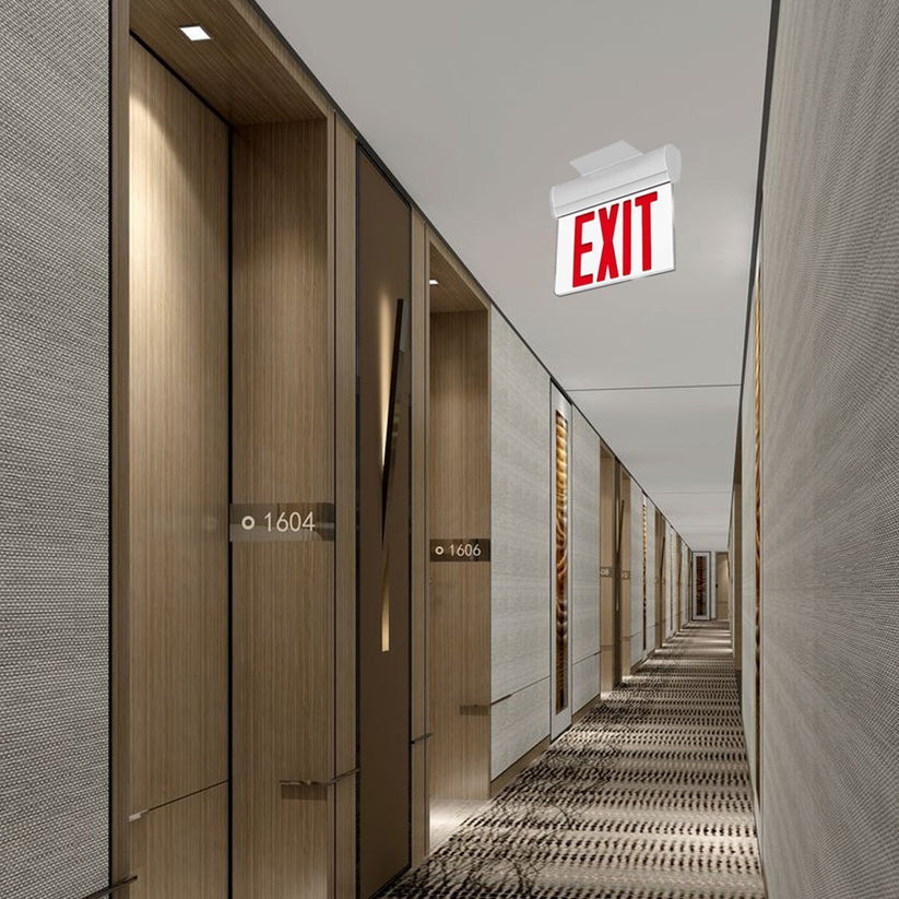 Edge Lit Red LED Exit Sign, 3W , Red, UL,CUL Listed, AC120-277V, Surfa