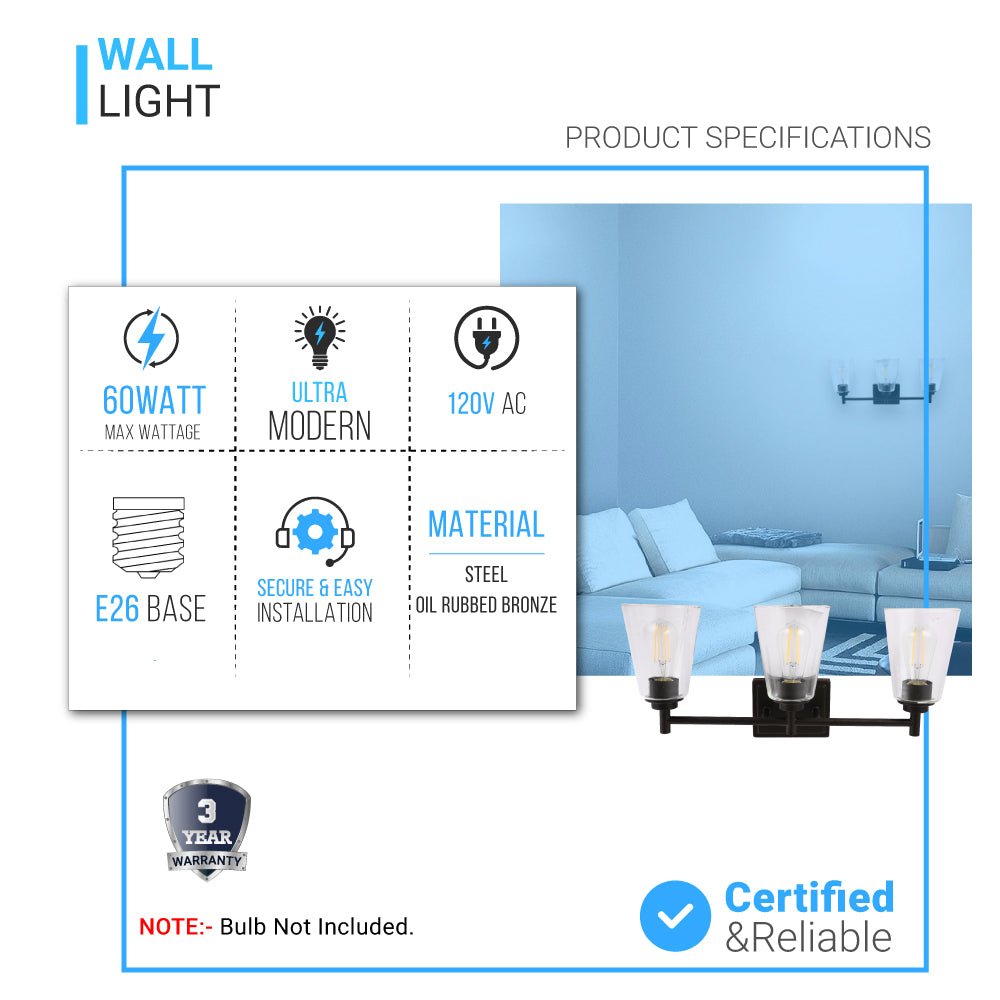 Flared Shape Bathroom Light Fixtures with Clear Glass Shade, E26 Base, UL Listed for Damp Location, Wall Mount, Bathroom Vanity Lighting - LEDMyPlace
