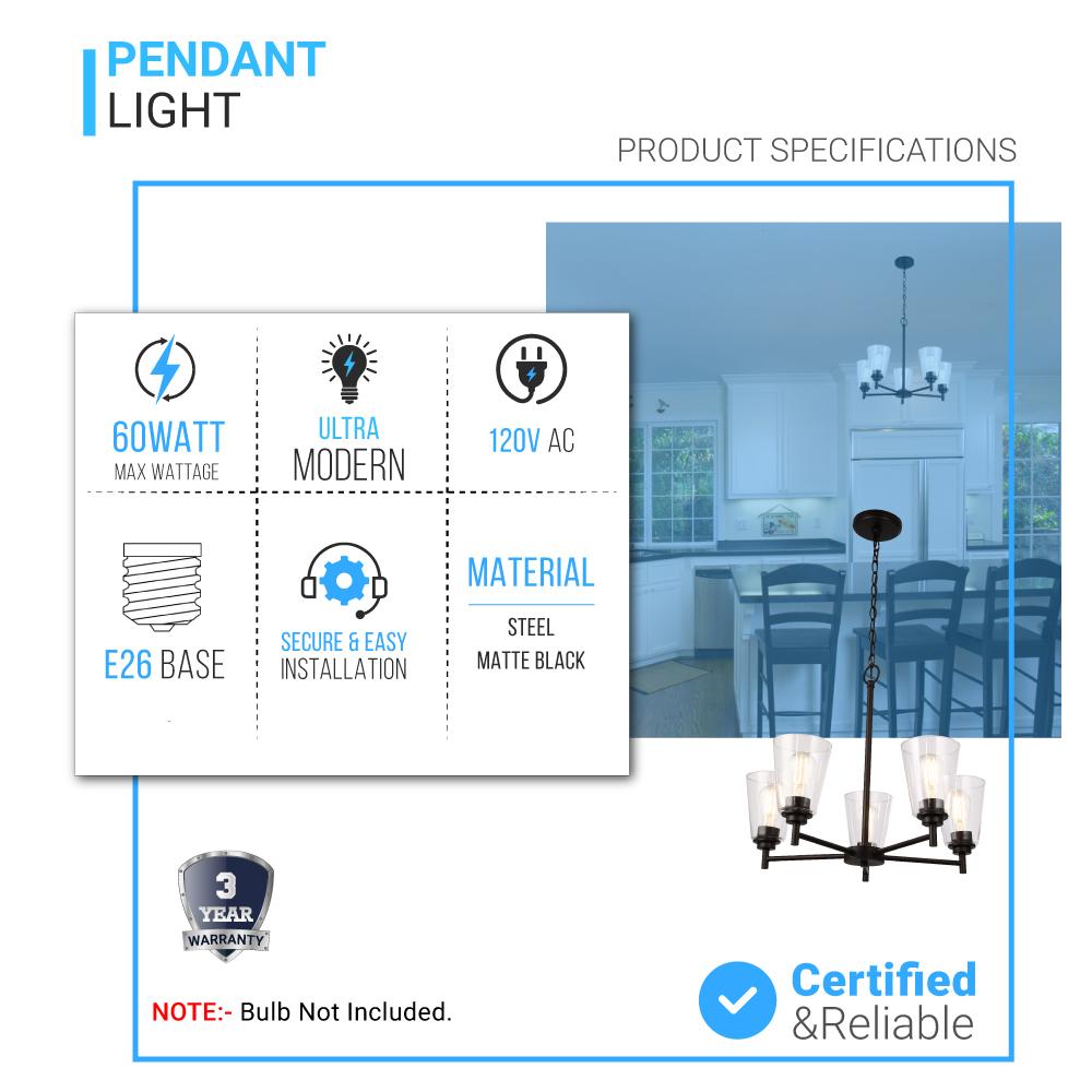 Flared Shape Chandelier Lighting Fixture with Clear Glass Shades, E26 Base, UL Listed for Damp Location, 3 Years Warranty - LEDMyPlace