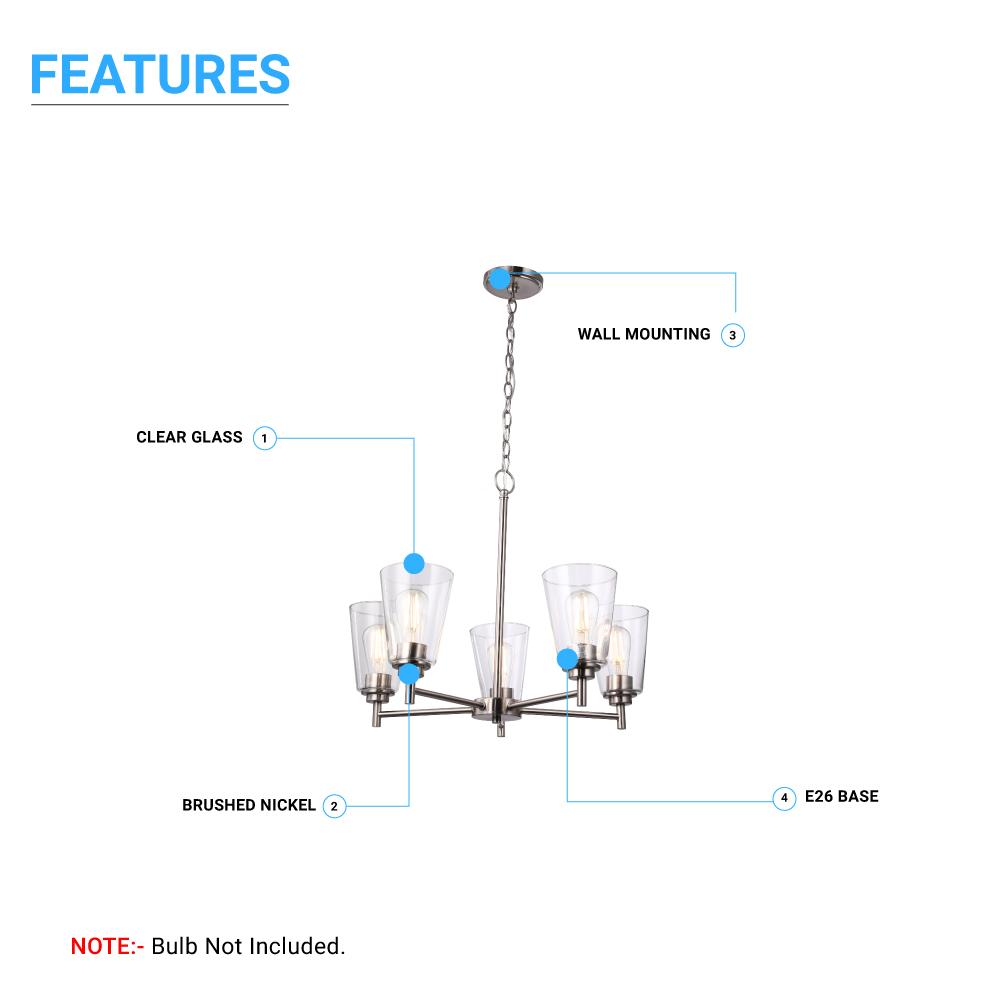 Flared Shape Chandelier Lighting Fixture with Clear Glass Shades, E26 Base, UL Listed for Damp Location, 3 Years Warranty - LEDMyPlace