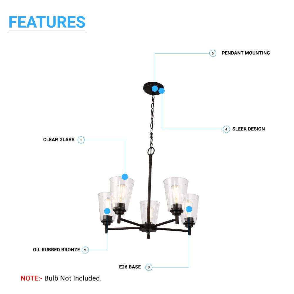 Flared Shape Chandelier Lighting Fixture with Clear Glass Shades, E26 Base, UL Listed for Damp Location, 3 Years Warranty - LEDMyPlace