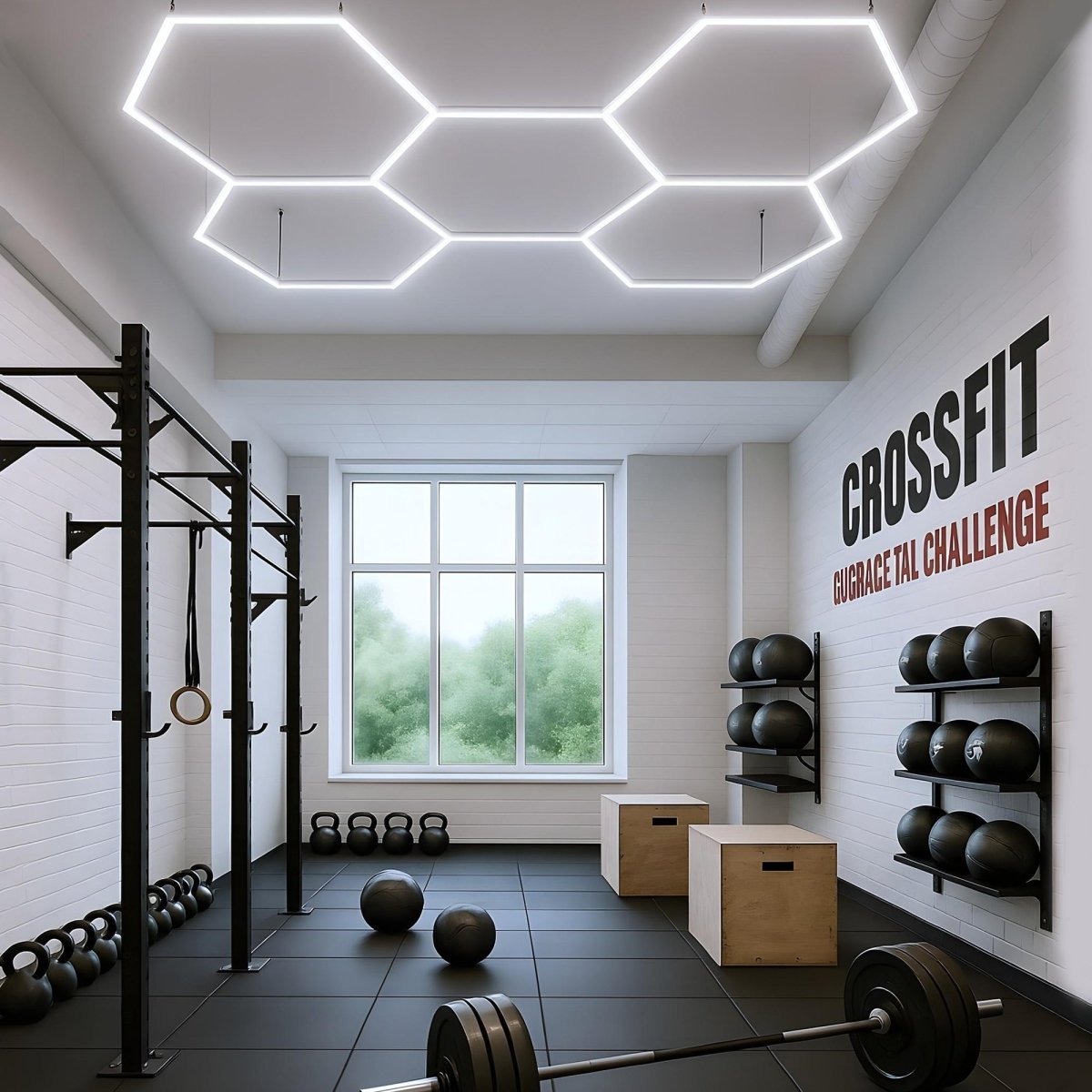Hexagon LED Garage Light, 5 Hex Kit (24pcs), 6w/pc (Total Power 144W), 6500K, 120 - 130lm/w, AC100 - 277v,IP44, CRI:>80, For Garage, Shop, Gym, Basement, Barbershop, Warehouse, Car Detailing Shop - LEDMyPlace