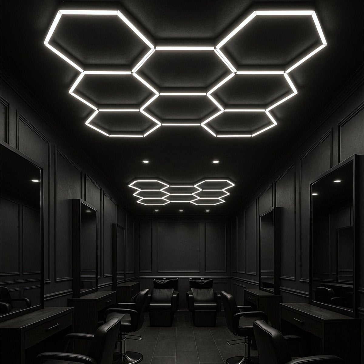 Hexagon LED Garage Light, 8 Hex Kit (35pcs), 6w/pc (Total Power 210W), 6500K, 120 - 130lm/w, AC100 - 277v,IP44, CRI:>80, For Garage, Shop, Gym, Basement, Barbershop, Warehouse, Car Detailing Shop - LEDMyPlace