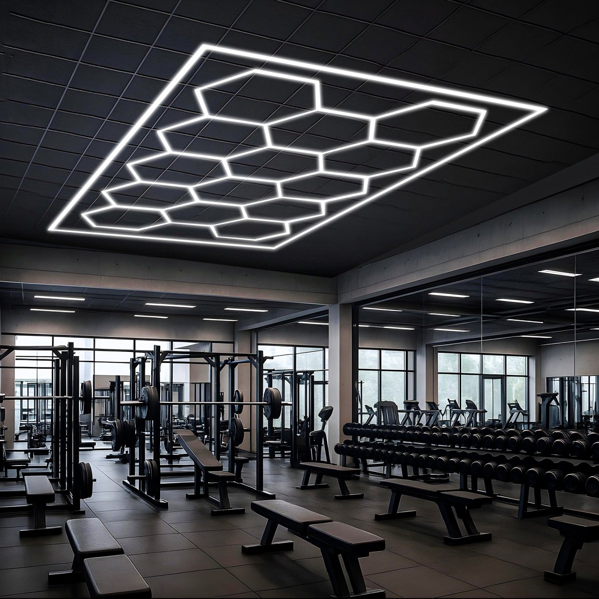 Hexagon LED Garage Lights with Rectangle Frame, 14 Hex Kit (57pcs), 6w/pc (Total Power 534W), 6500K, 120 - 130lm/w, AC100 - 277v,IP44, CRI:>80, For Garage, Shop, Gym, Basement, Barbershop, Warehouse - LEDMyPlace