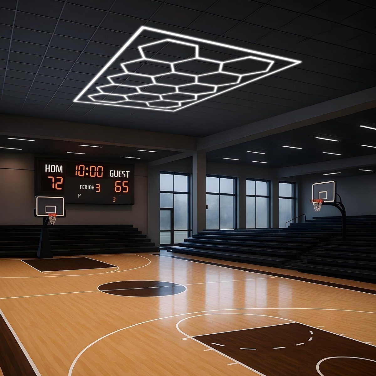 Hexagon LED Garage Lights with Rectangle Frame, 14 Hex Kit (57pcs), 6w/pc (Total Power 534W), 6500K, 120 - 130lm/w, AC100 - 277v,IP44, CRI:>80, For Garage, Shop, Gym, Basement, Barbershop, Warehouse - LEDMyPlace