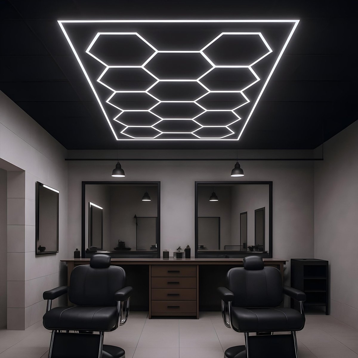 Hexagon LED Garage Lights with Rectangle Frame, 14 Hex Kit (57pcs), 6w/pc (Total Power 534W), 6500K, 120 - 130lm/w, AC100 - 277v,IP44, CRI:>80, For Garage, Shop, Gym, Basement, Barbershop, Warehouse - LEDMyPlace