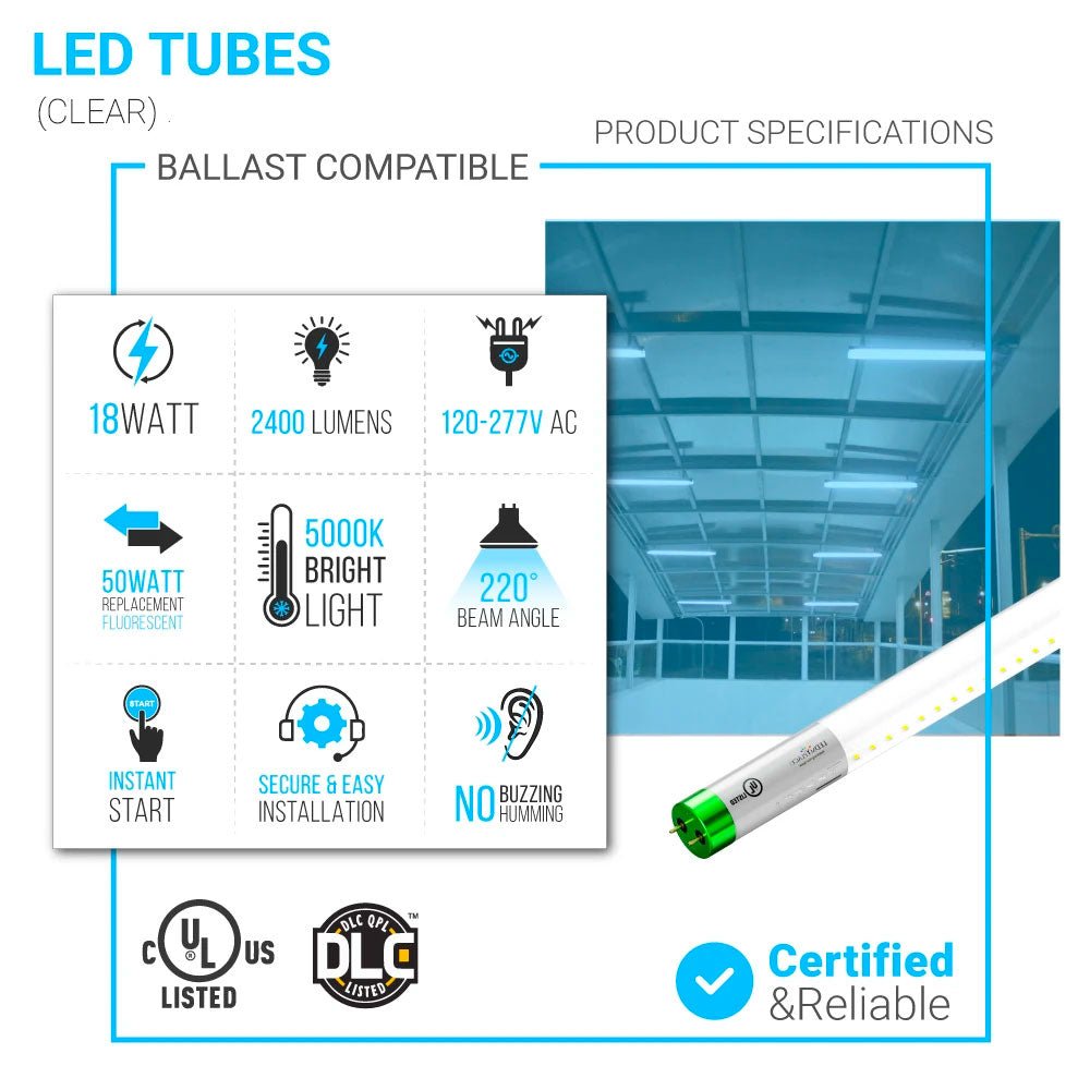 Hybrid T8 4ft LED Tube/Bulb - Glass 18W 2400 Lumens 5000K Clear, Single End/Double End Power - Ballast Compatible or Bypass (Check Compatibility List) - LEDMyPlace