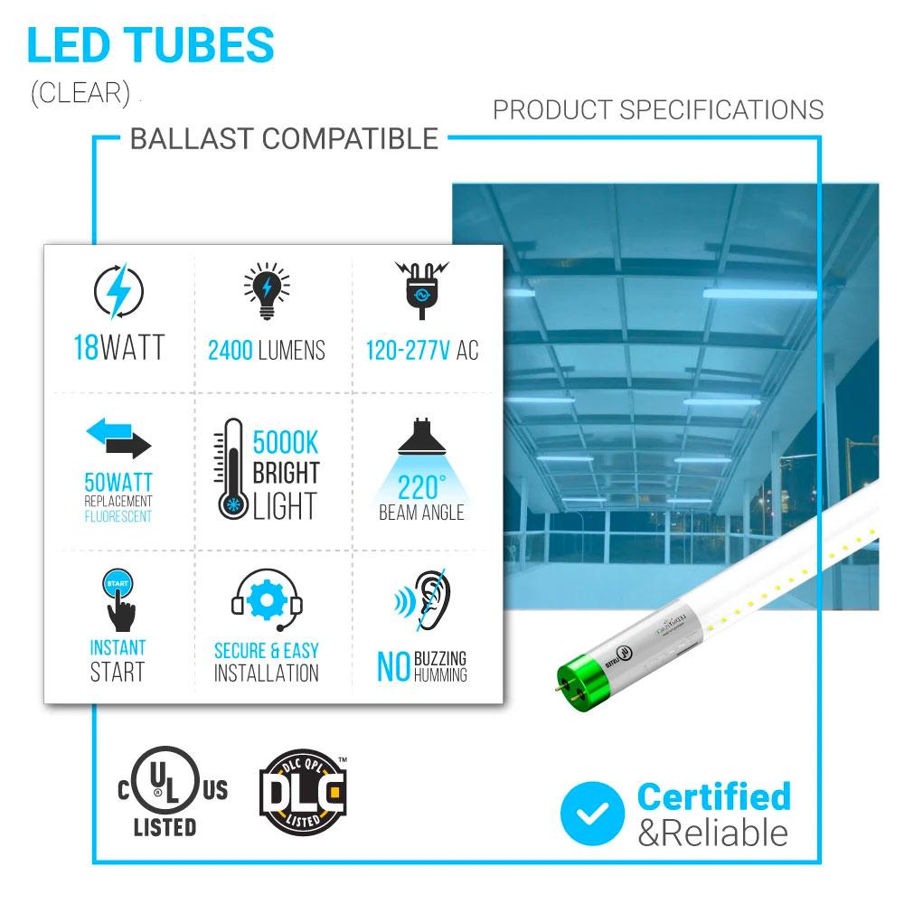 Hybrid T8 4ft LED Tube/Bulb - Glass 18W 2400 Lumens 5000K Clear, Single End/Double End Power - Ballast Compatible or Bypass (Check Compatibility List) - LEDMyPlace
