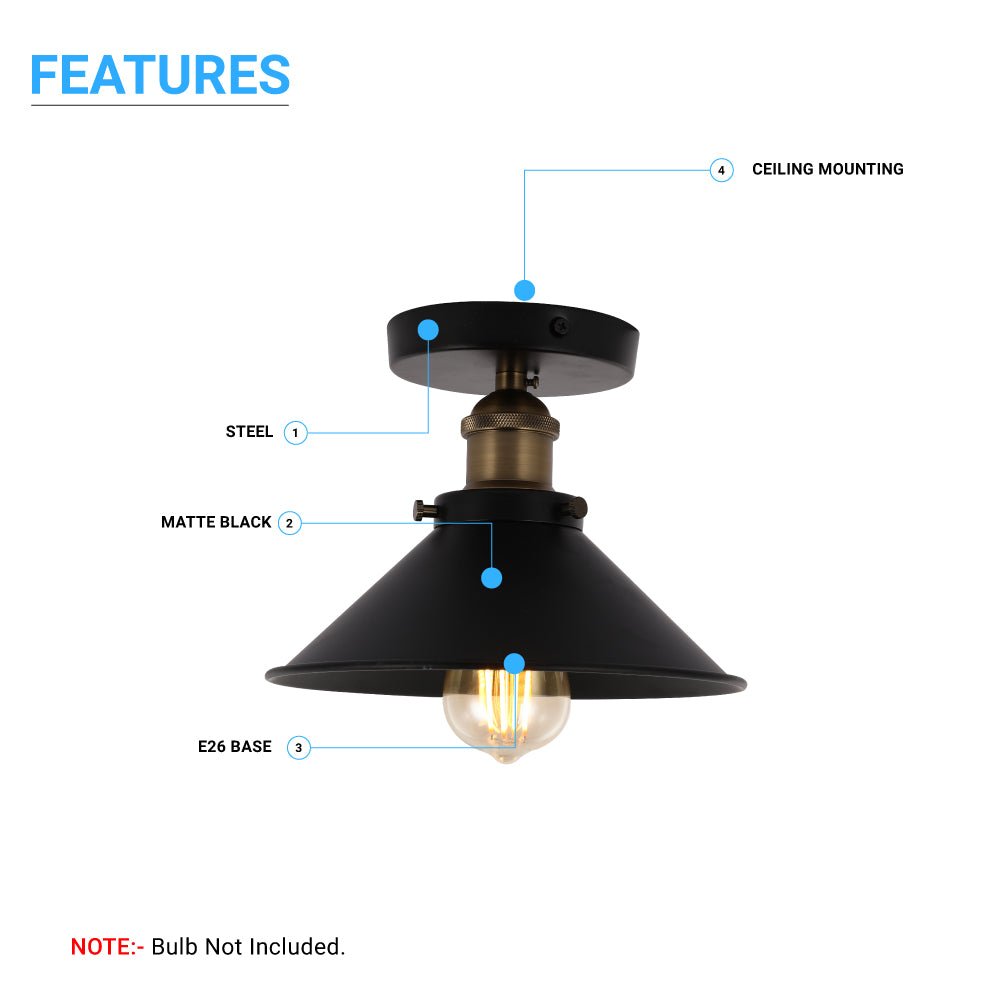 Industrial Style Semi - Flush Mount Lights, E26 Base, Matte Black with Antique Brass Finish, UL Listed, 3 Years Warranty - LEDMyPlace