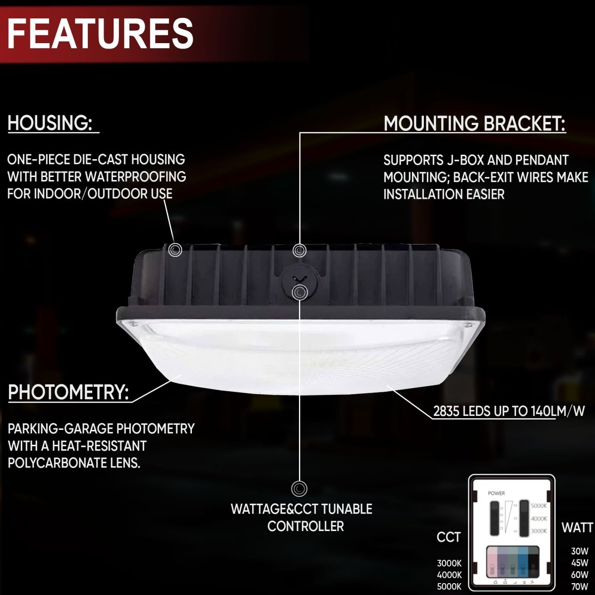 LED Canopy Light with 30W - 70W Selectable Wattage & 3000K - 5000K CCT – Bronze - LEDMyPlace