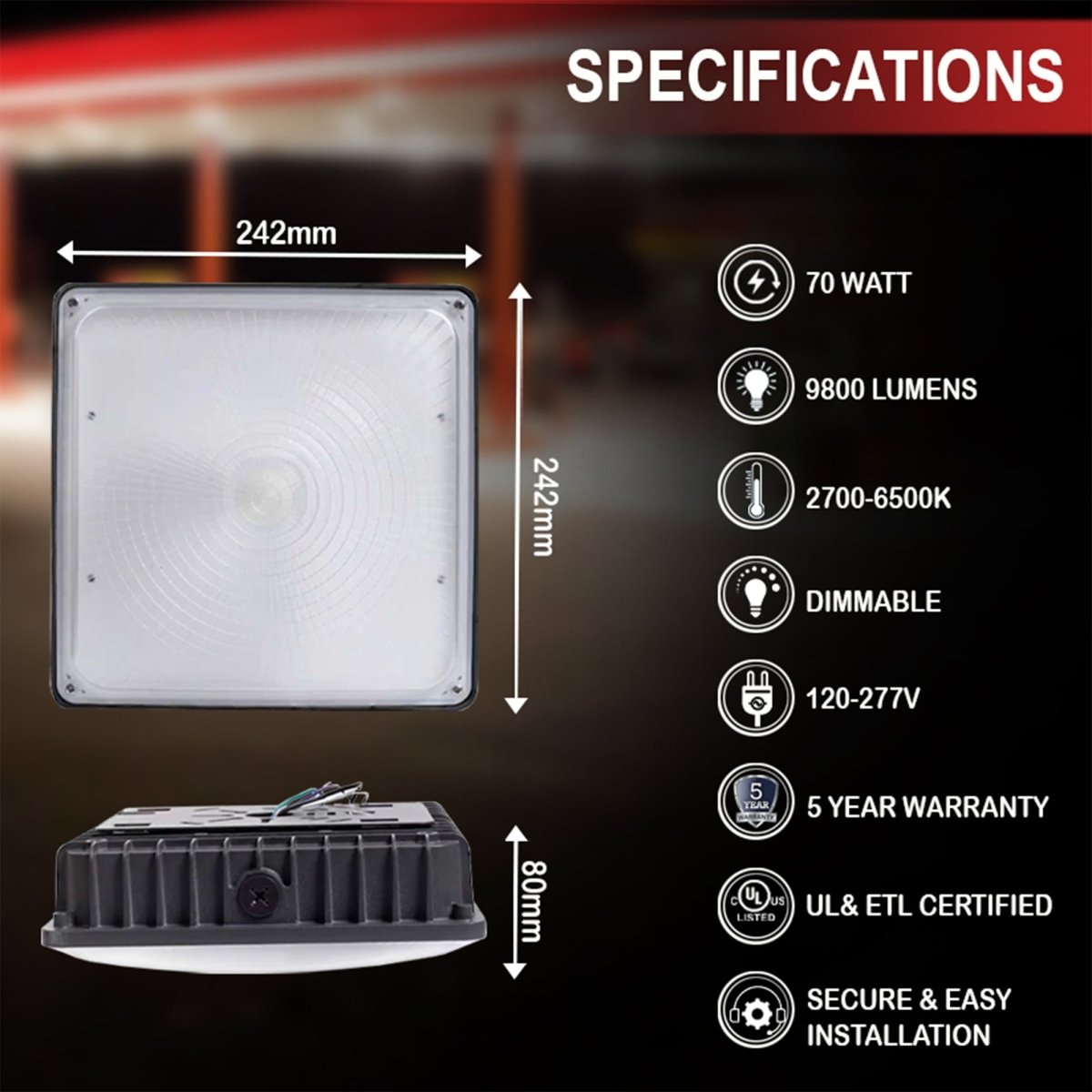 LED Canopy Light with 30W - 70W Selectable Wattage & 3000K - 5000K CCT – Bronze - LEDMyPlace