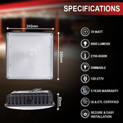 LED Canopy Light with 30W-70W Selectable Wattage & 3000K-5000K CCT – Bronze