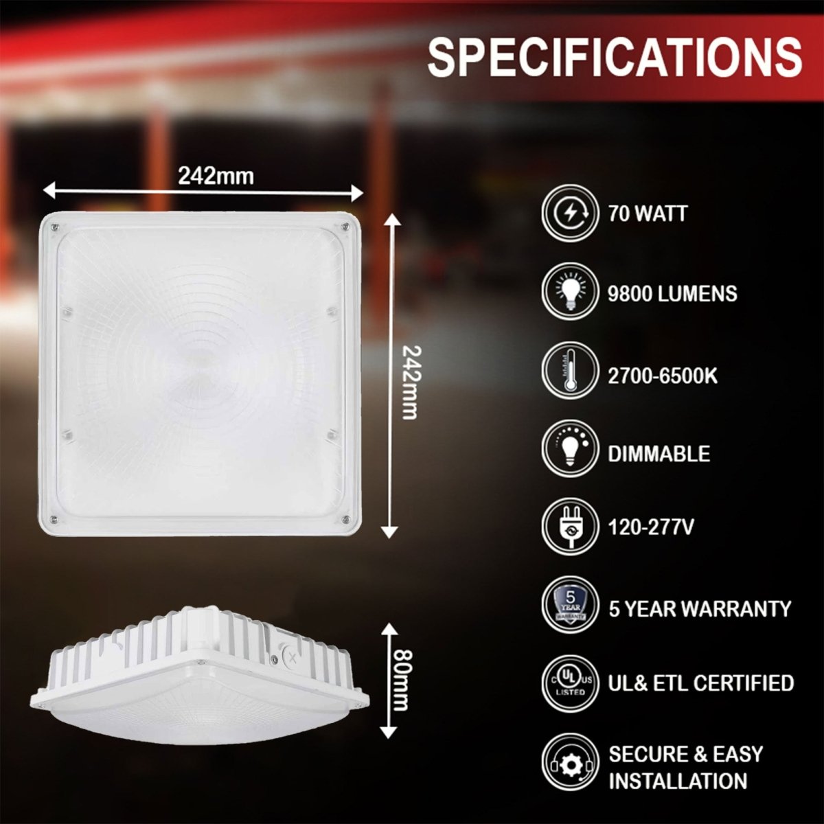 LED Canopy Light with 30W - 70W Selectable Wattage & 3000K - 5000K CCT– White - LEDMyPlace