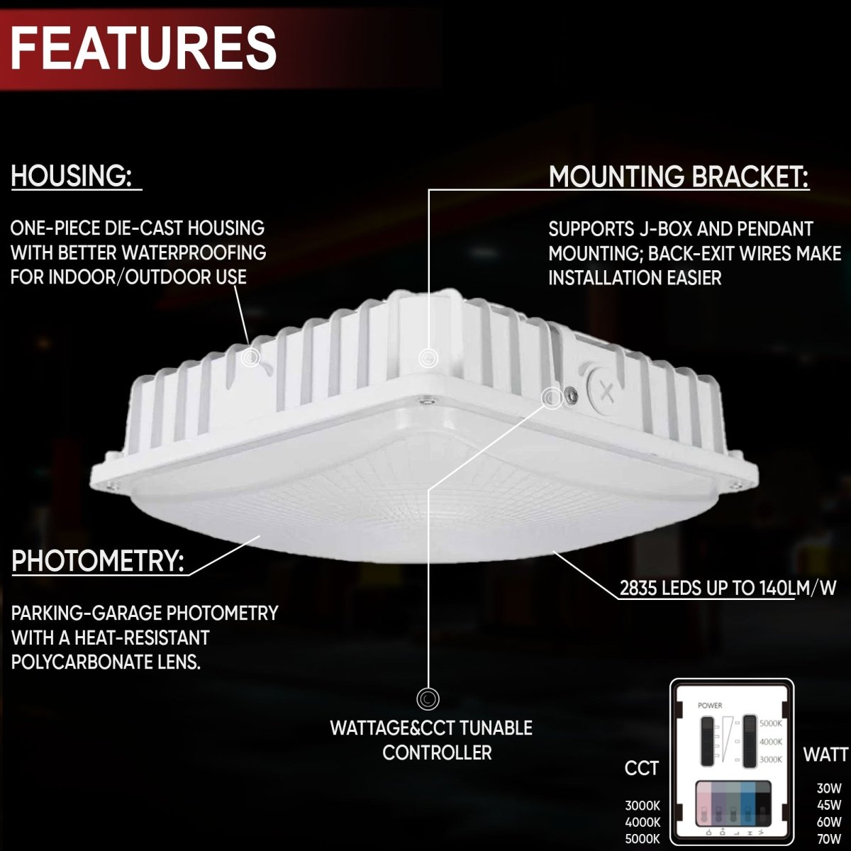 LED Canopy Light with 30W - 70W Selectable Wattage & 3000K - 5000K CCT– White - LEDMyPlace