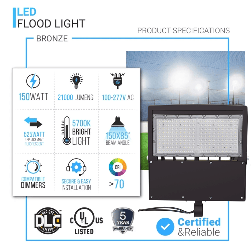 LED Flood Light, 150W/120W/100W Wattage Adjustable, 5700K, 133 LM/W, AC120 - 277V, Bronze, Dimmable, Outdoor Lighting, IP65 Waterproof LED Security Area Lights for Yard, Parking Lot, Playground & Stadium Lights, Gen14B - LEDMyPlace