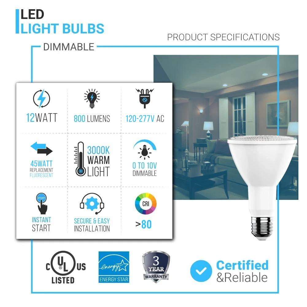 LED Flood Light Bulbs PAR30 Long Neck 12 Watt 3000K 800 Lumens Dimmable 120V E26 Base Damp Location - LEDMyPlace