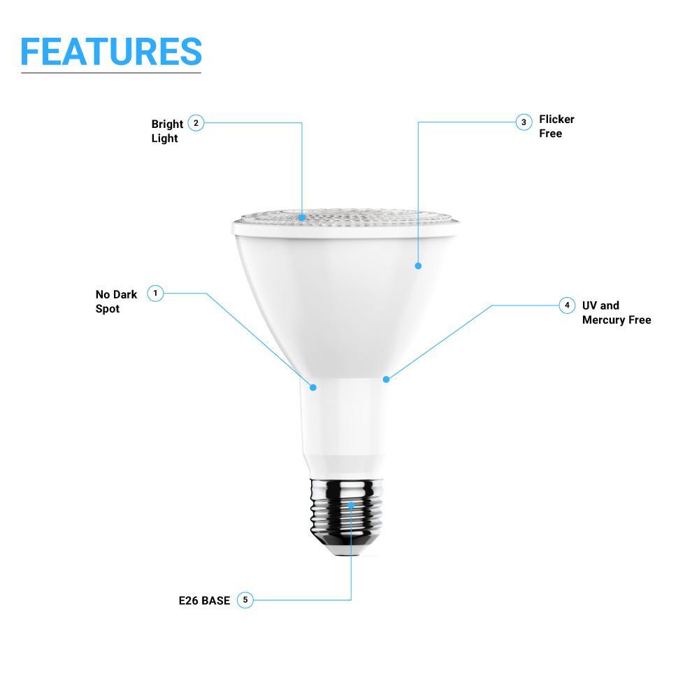 LED Flood Light Bulbs PAR30 Long Neck 12 Watt 3000K 800 Lumens Dimmable 120V E26 Base Damp Location - LEDMyPlace