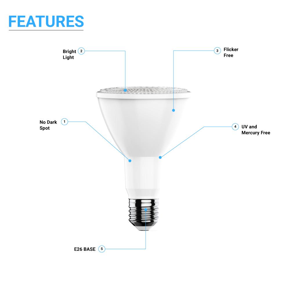 LED Flood Light Bulbs PAR30 Long Neck 12 Watt 5000K 800 Lumens Dimmable 120V E26 Base Damp Location - LEDMyPlace