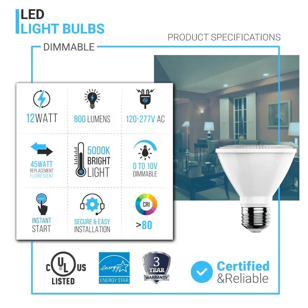 LED Flood Light Bulbs PAR30 Short Neck Dimmable 12 Watt 5000K 800 Lumens 120V E26 Base Damp Location - LEDMyPlace