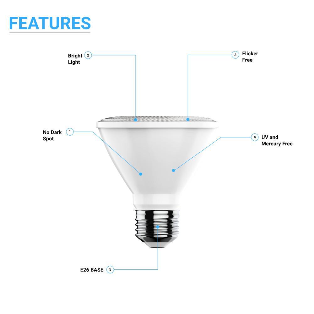 LED Flood Light Bulbs PAR30 Short Neck Dimmable 12 Watt 5000K 800 Lumens 120V E26 Base Damp Location - LEDMyPlace