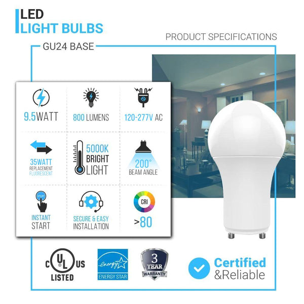 LED Light Bulbs A19 9.5 Watt 5000K 800 Lumens 120V Dimmable, General P