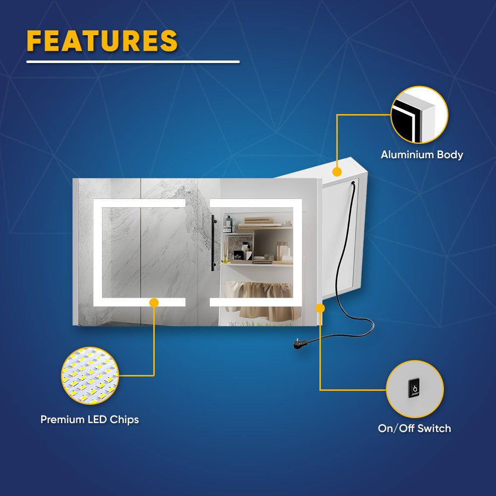 LED Lighted Bathroom Medicine Cabinet with Outlet, Double Sided Mirror, On/Off Switch, ETL, RoHS Listed, 90+ CRI, Surface Mount, Medicine Cabinet with LED Mirror, Benign Style - LEDMyPlace
