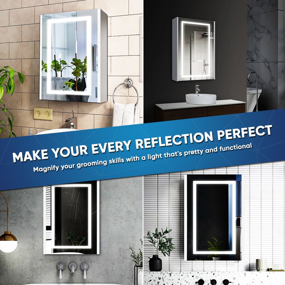LED Lighted Bathroom Medicine Cabinet with Outlet, Double Sided Mirror, On/Off Switch, ETL, RoHS Listed, 90+ CRI, Surface Mount, Medicine Cabinet with LED Mirror, Benign Style - LEDMyPlace