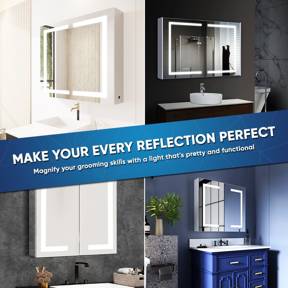 LED Lighted Bathroom Medicine Cabinet with Outlet, Double Sided Mirror, On/Off Switch, ETL, RoHS Listed, 90+ CRI, Surface Mount, Medicine Cabinet with LED Mirror, Benign Style - LEDMyPlace