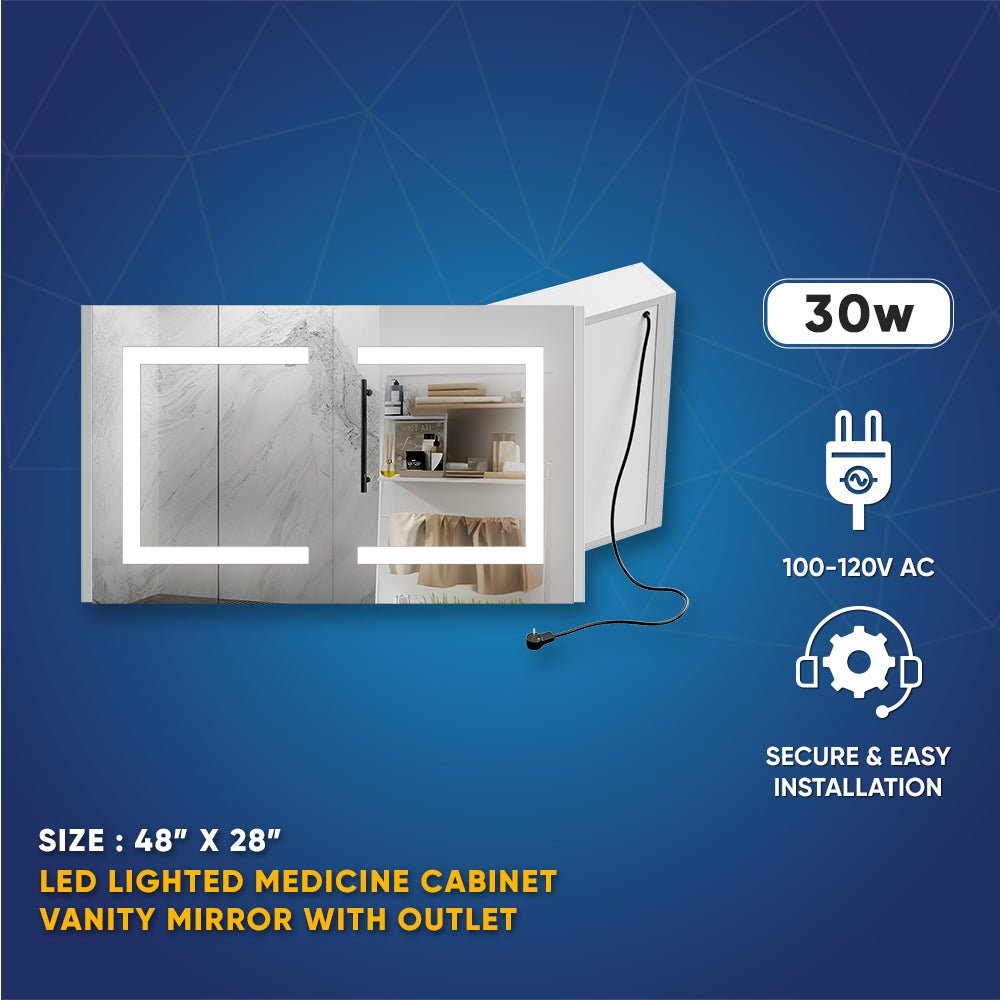 LED Lighted Bathroom Medicine Cabinet with Outlet, Double Sided Mirror, On/Off Switch, ETL, RoHS Listed, 90+ CRI, Surface Mount, Medicine Cabinet with LED Mirror, Benign Style - LEDMyPlace