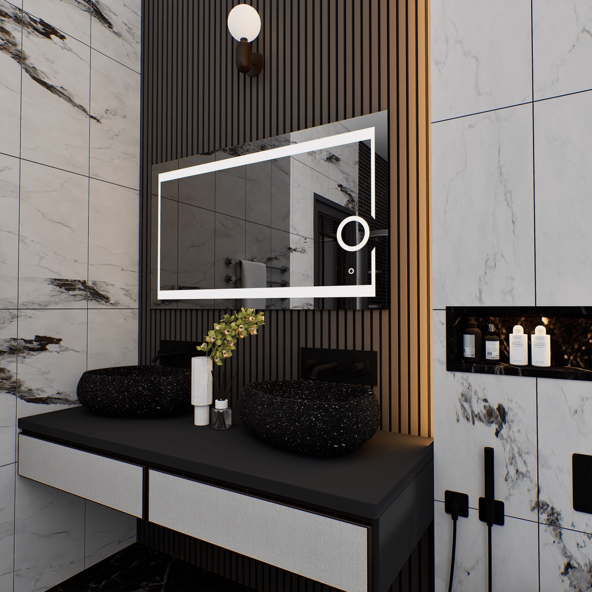 LED Lighted Bathroom Vanity Mirror with Magnifying Mirror, Anti - Fog, Touch Button, CRI 90+,Adjustable Color Temperature & Remembrance Makeup Mirror, Auspice Style - LEDMyPlace