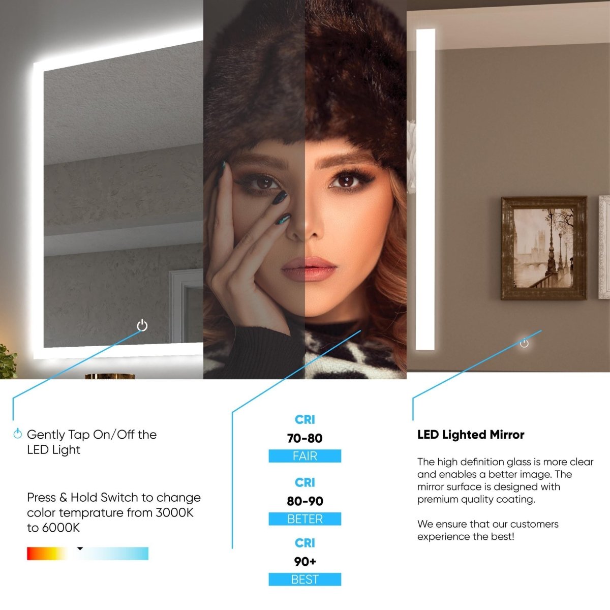 LED Lighted Bathroom Vanity Mirror with Magnifying Mirror, Anti - Fog, Touch Button, CRI 90+,Adjustable Color Temperature & Remembrance Makeup Mirror, Auspice Style - LEDMyPlace