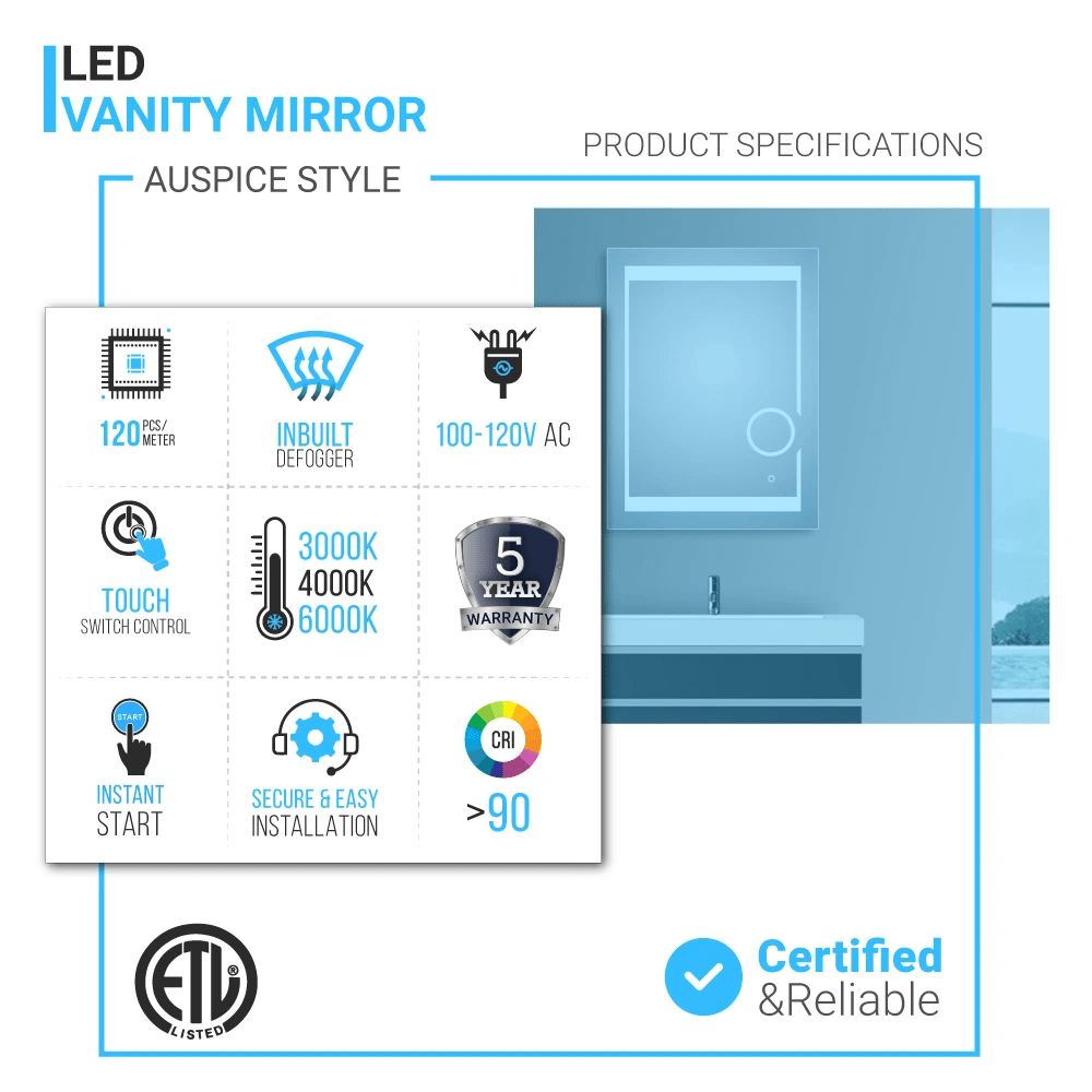 LED Lighted Bathroom Vanity Mirror with Magnifying Mirror, Anti - Fog, Touch Button, CRI 90+,Adjustable Color Temperature & Remembrance Makeup Mirror, Auspice Style - LEDMyPlace