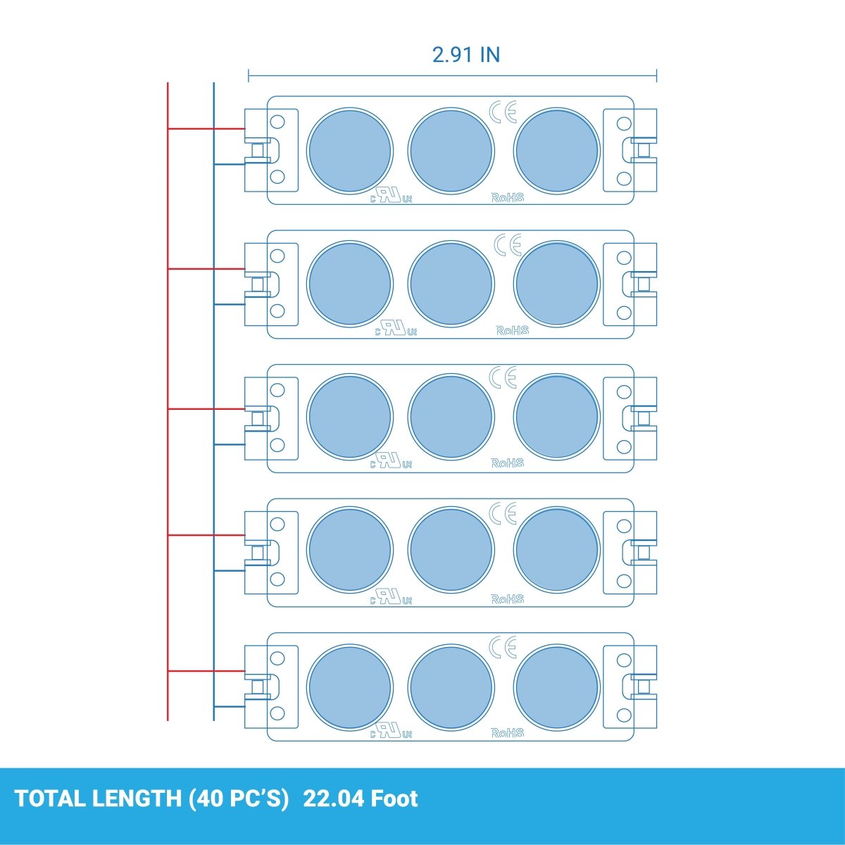LED Module Lights, 3LEDs/Mod, DC12V, 0.72W, Blue, Waterproof Decorative Light for Letter Sign Advertising Signs with Tape Adhesive Backside (40 - Pack) - LEDMyPlace