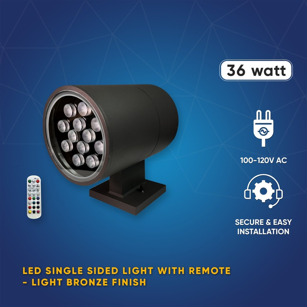 LED Outdoor Single Sided Light With Remote, RGBW, Cylinder, 36W, AC100