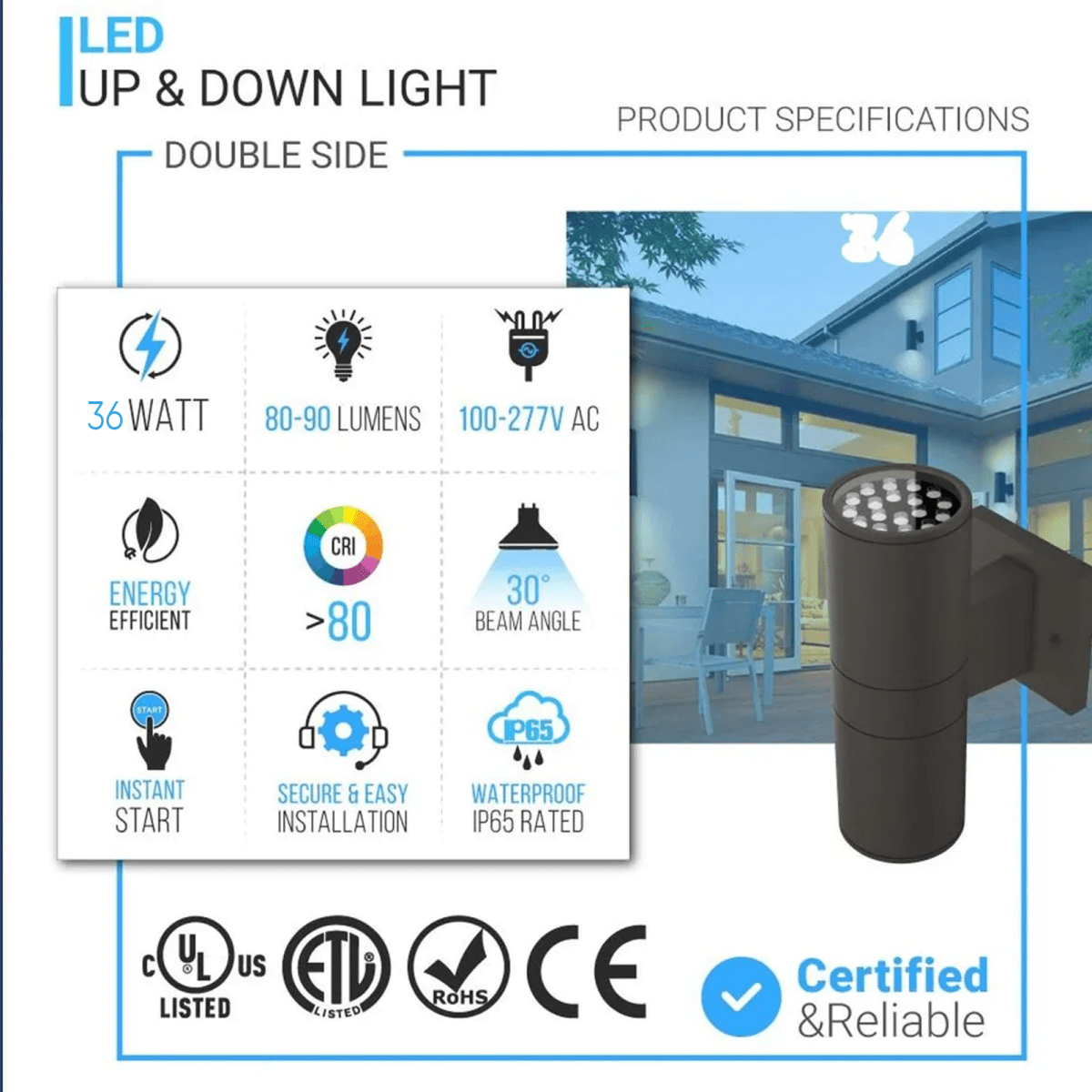 LED Outdoor Up & Down Lights With Remote, RGBW, Cylinder, 18WX2, AC100 - 277V, IP65, ETL CE RoSH Approval, Outdoor Wall Lights - LEDMyPlace