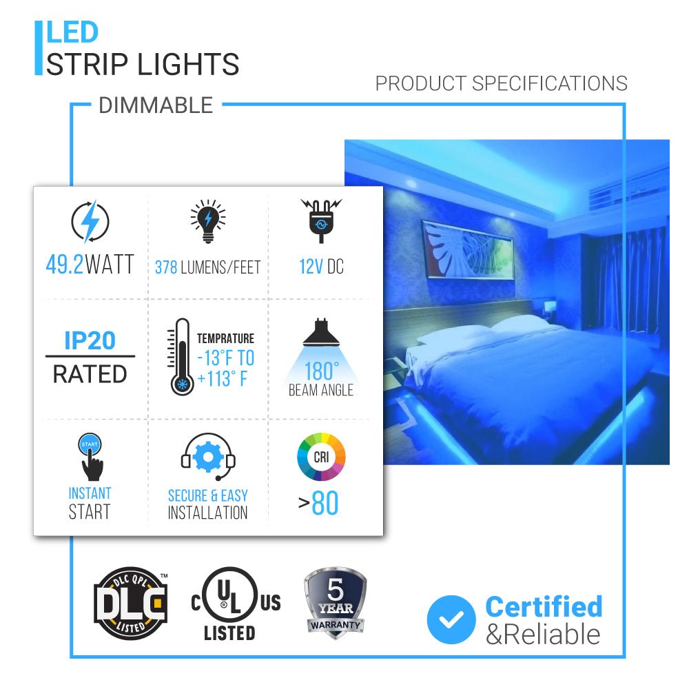 LED Strip Lights, IP20, 16.4ft, Dimmable, 12V, SMD 2216, 120 leds/Meter, 378 Lumens/ft, UL, RoHS Listed, LED Lights for Bedroom, Kitchen, Home Decoration - LEDMyPlace
