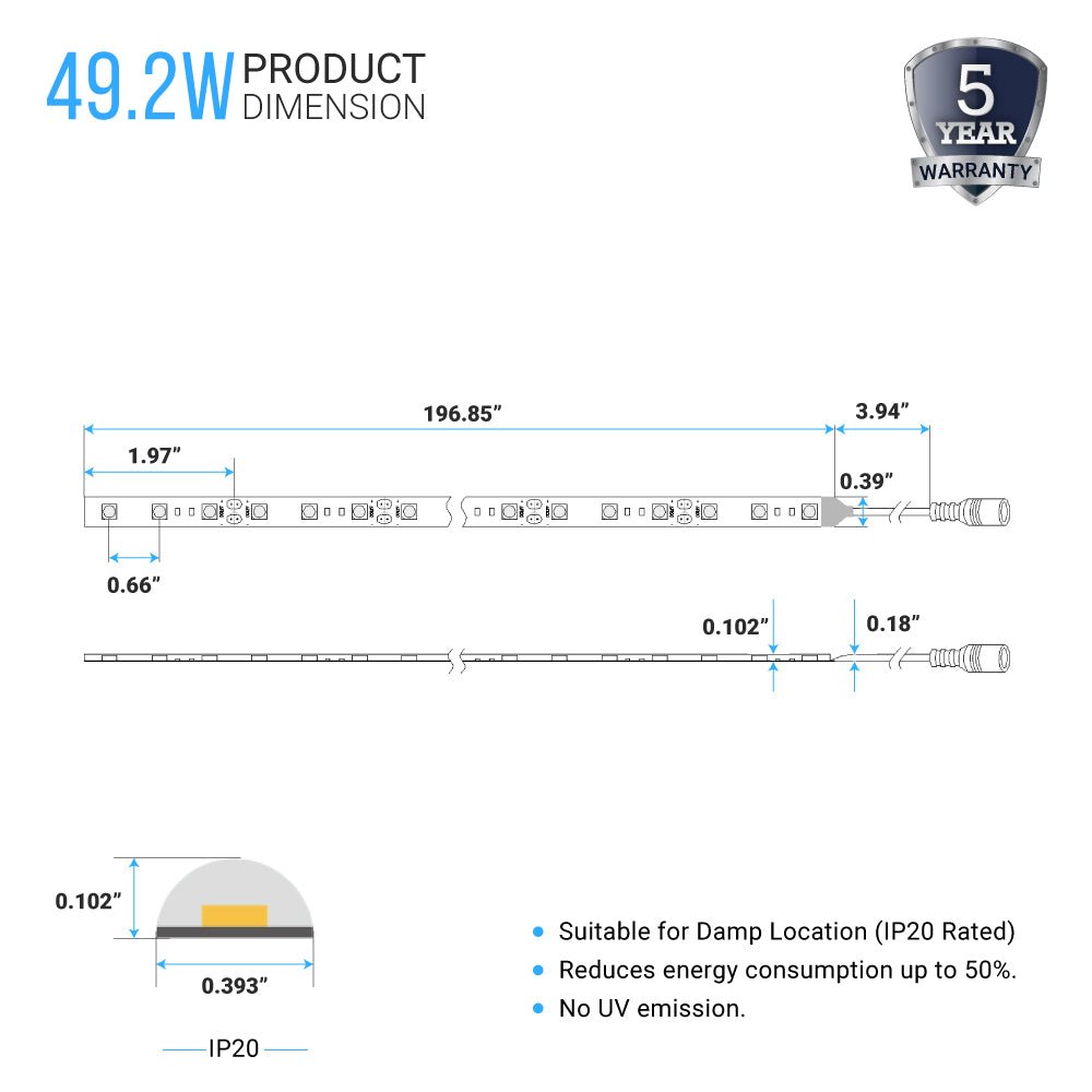 LED Strip Lights, IP20, 16.4ft, Dimmable, 12V, SMD 2216, 120 leds/Meter, 378 Lumens/ft, UL, RoHS Listed, LED Lights for Bedroom, Kitchen, Home Decoration - LEDMyPlace