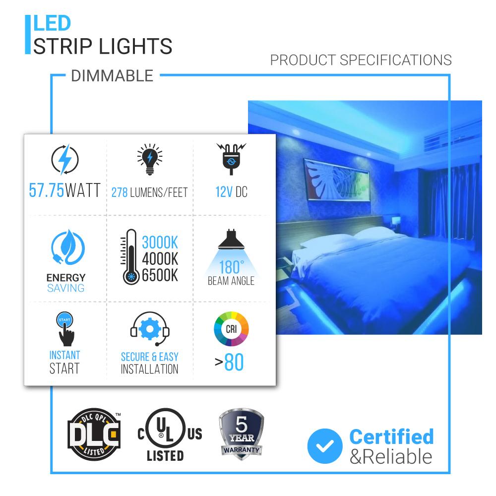 LED Strip Lights, IP20, 16.4ft, Dimmable, 12V, SMD 2835, 60 leds/Meter, UL, RoHS Listed, LED Lights for Bedroom, Kitchen, Home Decoration - LEDMyPlace