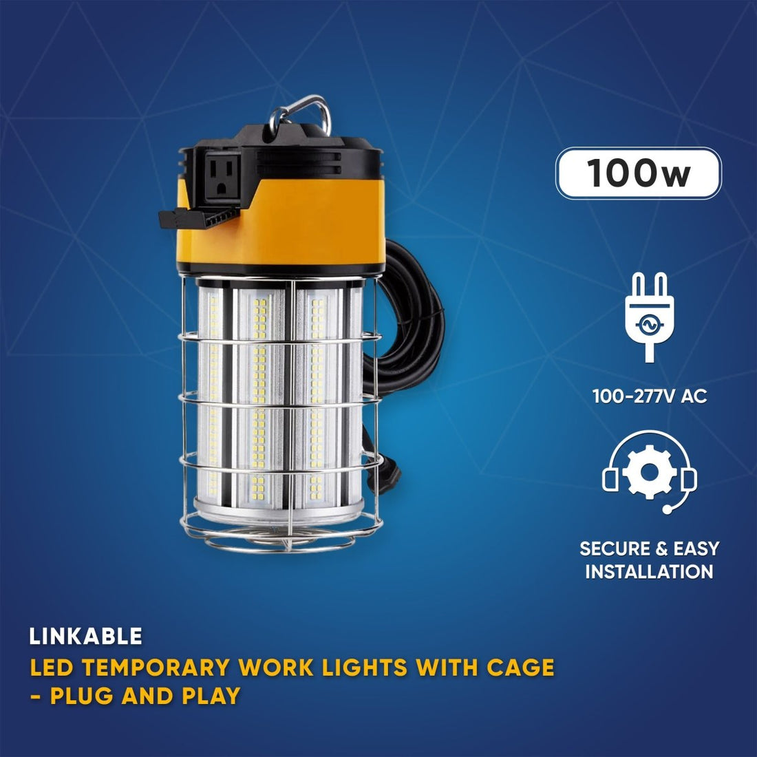 LED Temporary Work Light – 100W, 15,000 Lumens, 5000K, 10-Foot Cord, ON/OFF Switch, Portable Job Site Light – ETL Listed, IP65