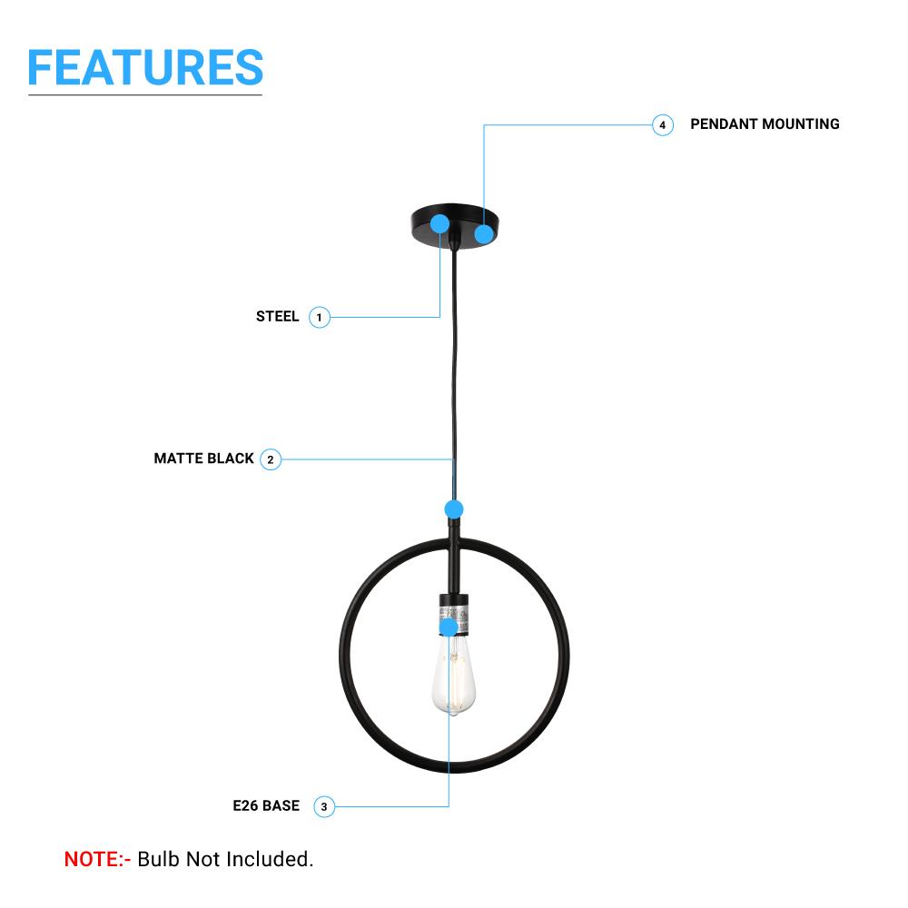 Matte Black Ring Shape Pendant Light Fixture, E26 Base, UL Listed for Dry Location, Fixture Size: D12 x H13.5 Inch - LEDMyPlace