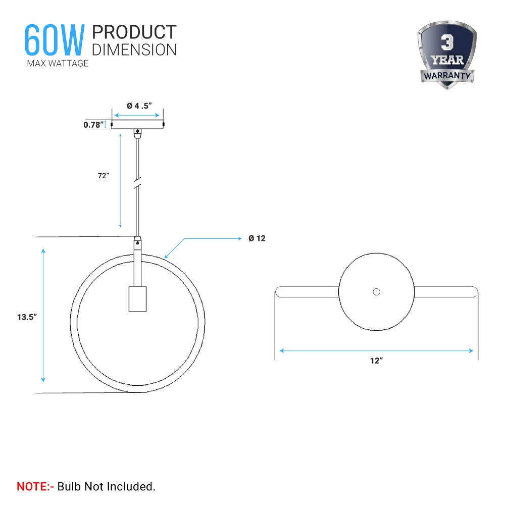Matte Black Ring Shape Pendant Light Fixture, E26 Base, UL Listed for Dry Location, Fixture Size: D12 x H13.5 Inch - LEDMyPlace