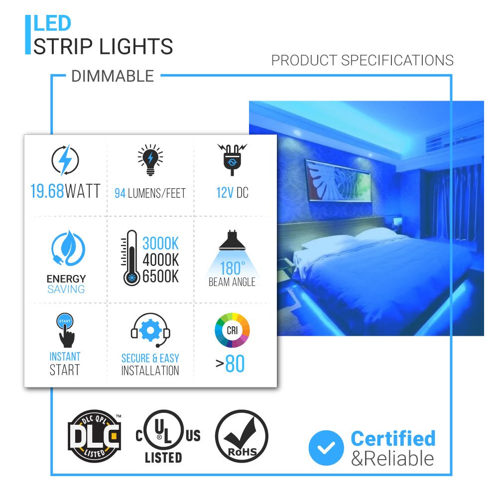 Outdoor LED Strip Lights Waterproof, IP65, 16.4ft Dimmable, 12V, SMD 3528, UL, RoHS Listed, LED Lights for Bedroom, Kitchen, Home Decoration - LEDMyPlace