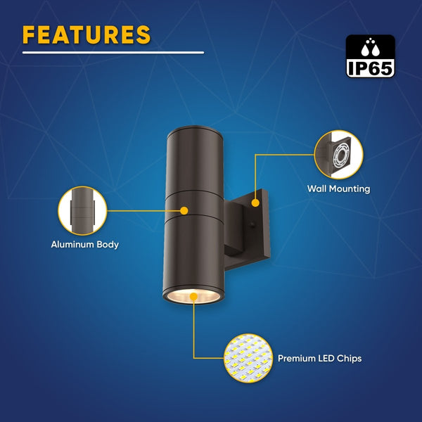 Outdoor LED Up and Down Wall Sconce, Cylinder Outside Lights, 2x36W, A