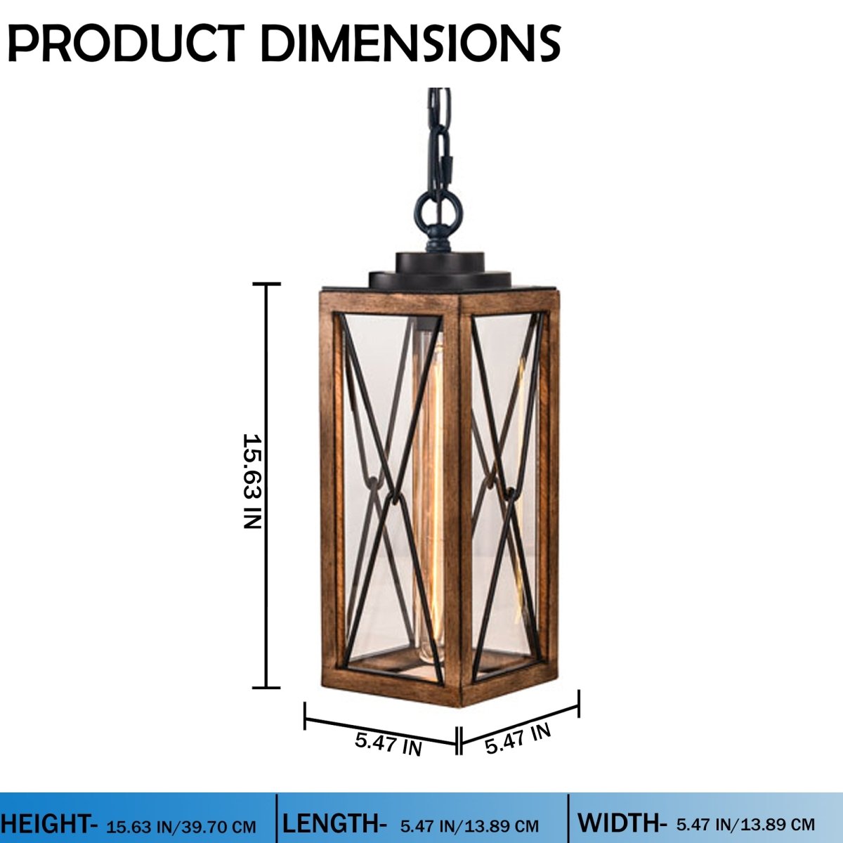 Outdoor Pendant Light Farmhouse Exterior Hanging Lantern with Clear Glass Shade for Porch, Patio, Entryway, ETL List - 5.47"L x 5.47"W x 15.63"H - LEDMyPlace