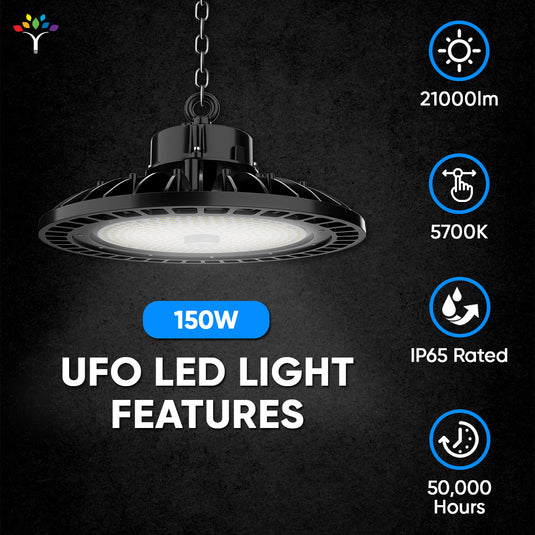 UFO LED High Bay Light 150W 5700K Daylight 21000LM, AC277-480V High Voltage, 1-10V Dimmable, Waterproof IP65, UL, DLC Listed, For Warehouse Barn Airport Workshop Garage Factory