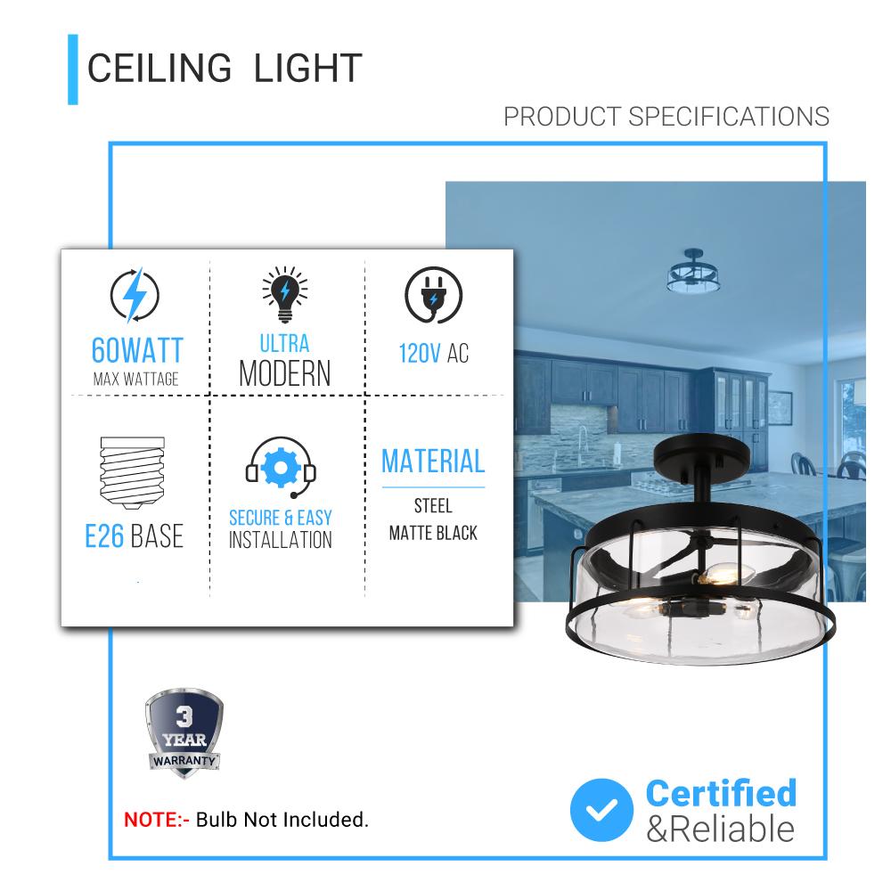Semi Flush Mount Ceiling Lights, Drum Shape, Matte Black Finish with Clear Glass Shade, E26 Base, UL Listed, Hallway Light Fixtures - LEDMyPlace