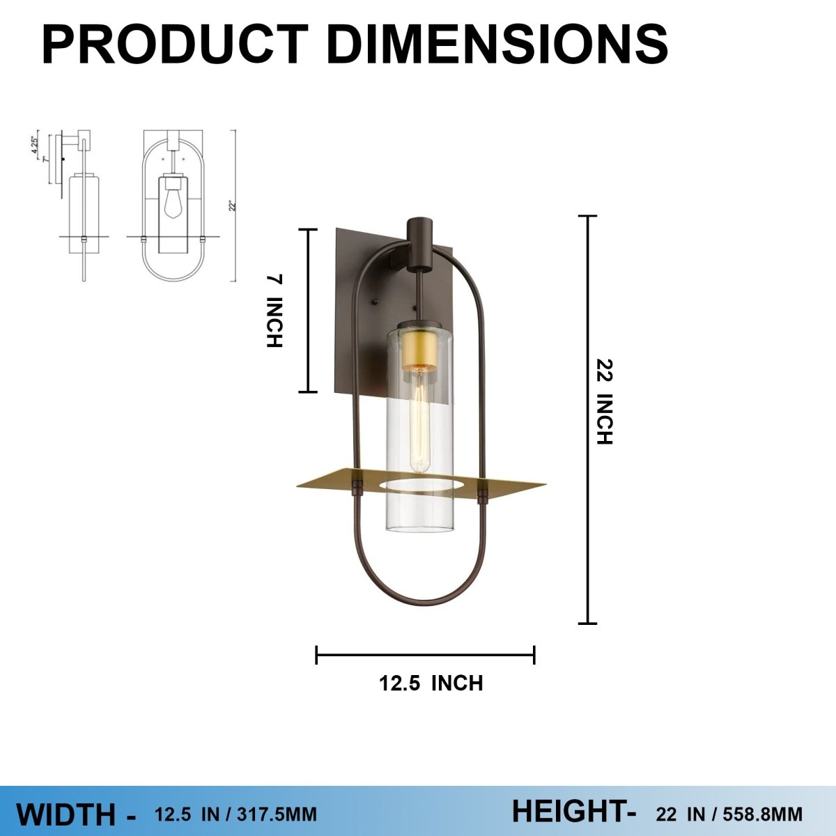 Smyth Indoor Wall Sconce, E26 Socket 1X60W, Clear Glass, Bronze, 22" H x 12.5" W, Extends 7" from the wall - LEDMyPlace