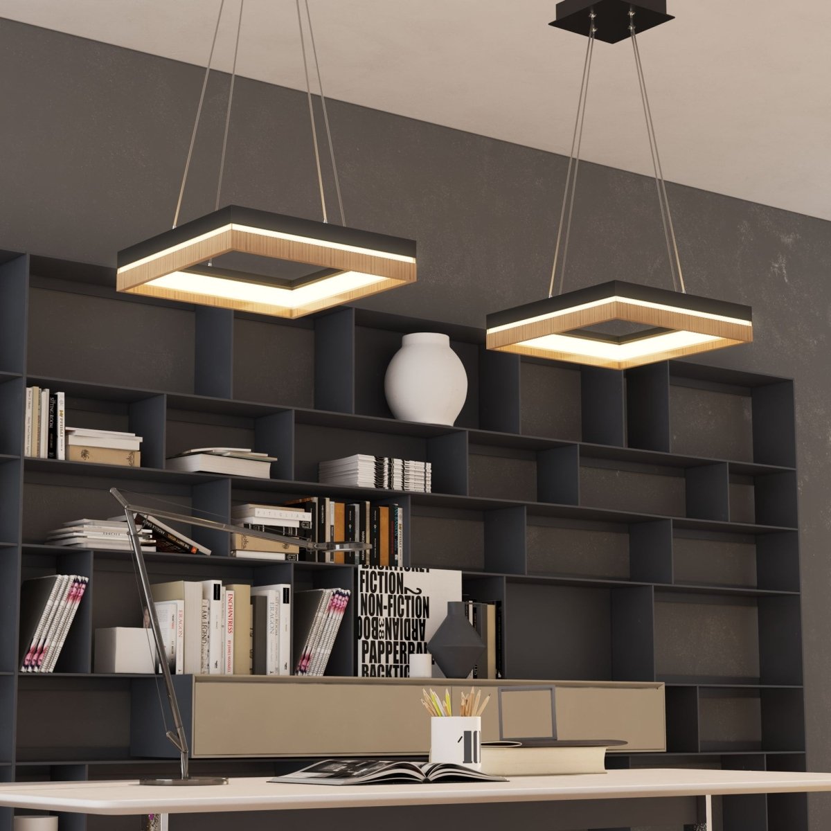 Square Metal and Wood Chandelier Light, 35W, 3000K (Warm White), 836 Lumens, Dimmable, Matte Black + Wood Body Finish - LEDMyPlace